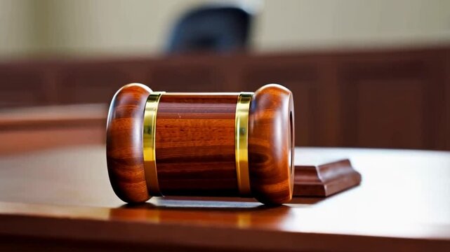 Close up Wooden Judge's Gavel on Courtroom Desk &ndash; Symbol of Justice and Law