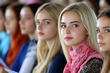 Fototapeta premium international women’s day speeches. Young women in colorful clothing attending an event.