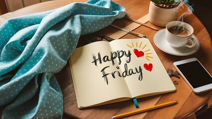 Happy friday on paper note with coffee cup, top viwe. happy morning,  coffee, beautiful friday on holiday