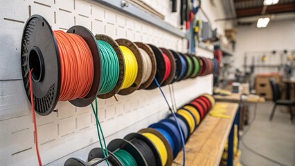 Obraz premium Vibrant spools of colored wires neatly organized on a workshop wall, a colorful display of crafting materials ready for use. A glimpse of a busy workspace.