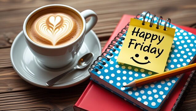 Happy friday on paper note with coffee cup, top viwe. happy morning,  coffee, beautiful friday on holiday - Powered by Adobe