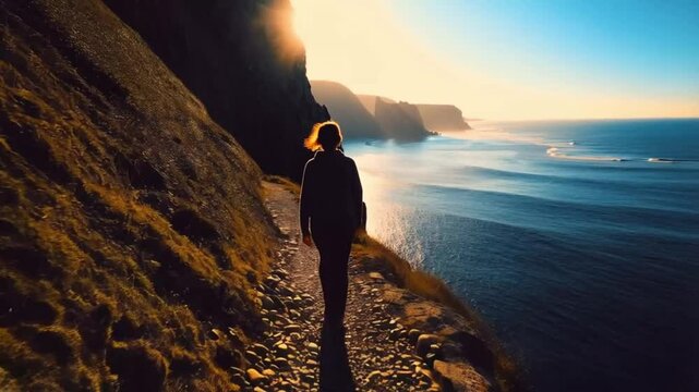 Silhouette of a Traveler Walking Along a Scenic Coastal Cliff at Sunset Ocean