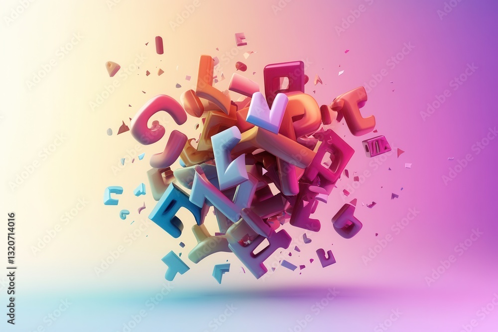 Poster creative typography design with floating 3d letters and abstract shapes against a soft gradient back