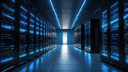 Fototapeta premium A Mesmerizing Network Of Servers Humming With Digital Energy In A Cool, Blue-lit Data Center