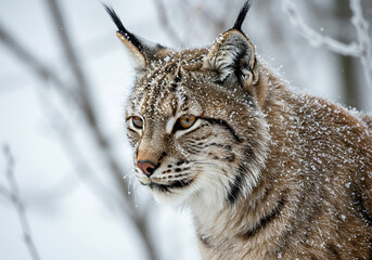 Naklejka premium Lynx in Winter Snow, Close-Up Portrait