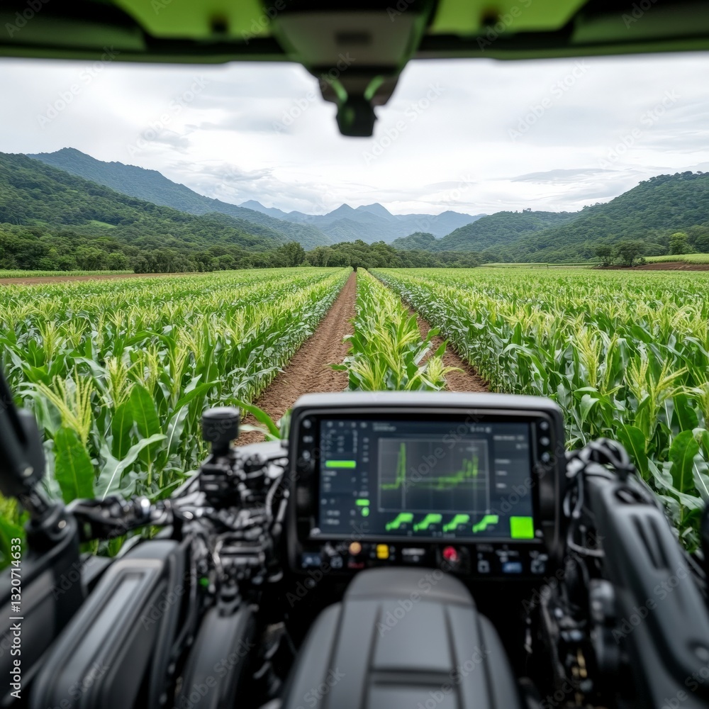 Poster inside view of a modern tractor cockpit with digital dashboard driving through expansive cornfields 