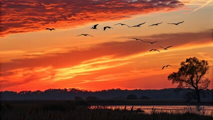 Silhouetted birds gracefully soar across a breathtaking fiery sunset, painting the sky with vibrant orange and red hues, a tranquil and awe-inspiring scene.