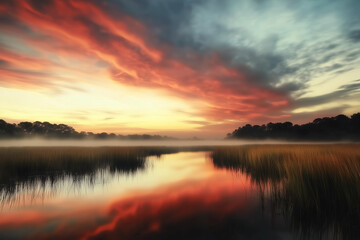 Fototapeta premium Colorful sunrise over tranquil marshland reflecting vivid clouds and lush vegetation at dawn near a peaceful waterway Generative AI