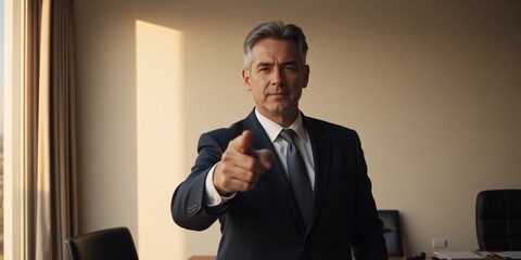 Naklejka premium Confident businessman in a suit, pointing directly at the camera. A determined expression conveys seriousness and direct communication. The office background is subtly blurred.