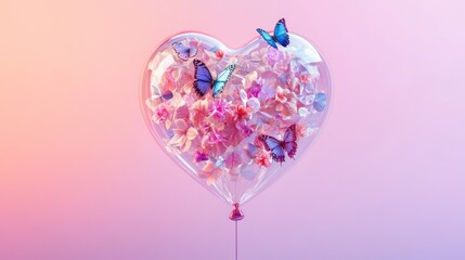 A translucent heart-shaped balloon filled with pink and white flower petals and vibrant butterflies floats against a soft pink and orange gradient background