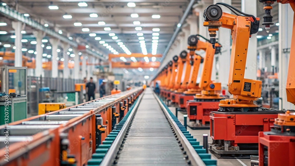Poster endless rows of industrial robotic arms perform automated tasks along a conveyor belt in a brightly 