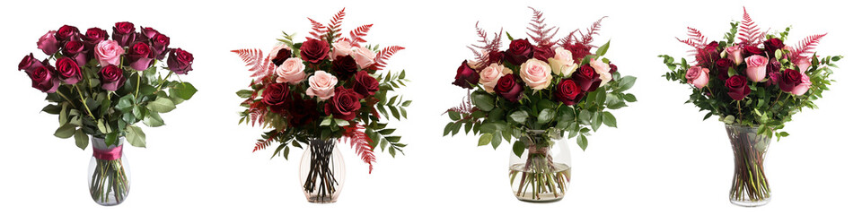 Set of a bouquet of burgundy flowers in a glass vase, isolated on a transparent background.
