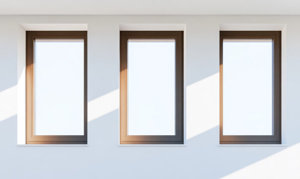 Natural light shining through three modern windows in bright interior setting