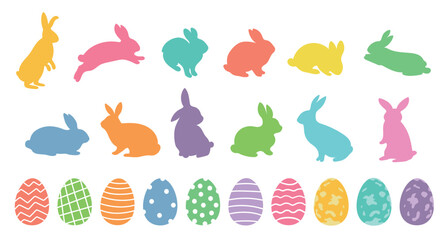Big set with colorful rabbits in different poses and Easter eggs. Elements for Easter designs. Bright silhouettes of bunnies