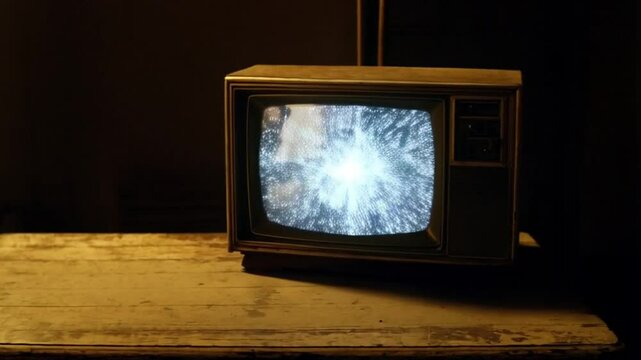 Retro Television with Static Screen on Wooden Table in Dim Light
