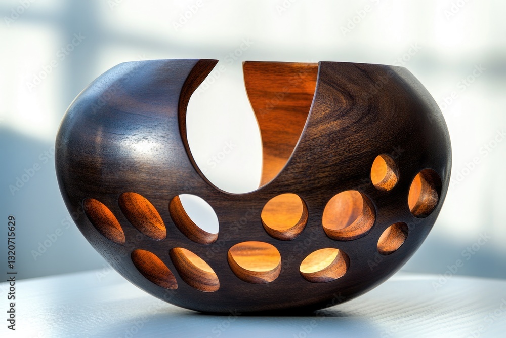 Poster a simple and elegant wooden vase sitting on top of a table, perfect for displaying flowers or other 