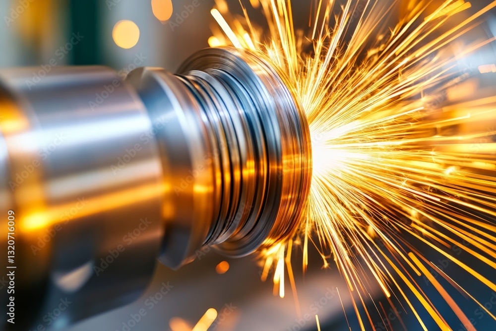 Poster cnc metal lathe cutting high precision steel component with bright sparks in an advanced industrial 