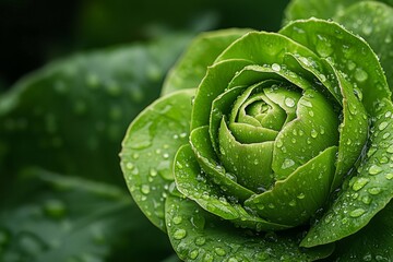 Obraz premium Fresh green lettuce with water droplets, showcasing its vibrant texture