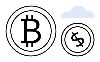 Bitcoin and dollar coin symbols with a blue cloud above, representing cryptocurrency, digital finance, or online transactions. Ideal for technology, economy, finance, blockchain, investment fintech