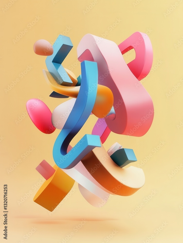 Fototapete Creative floating typography design with 3D letters and abstract forms on a soft gradient background suitable for creative agencies