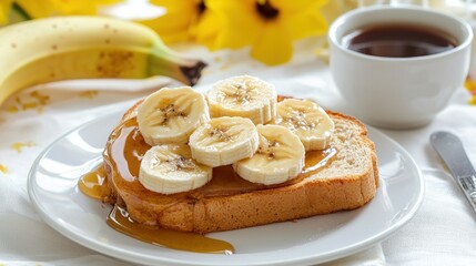 Delicious banana slices and peanut butter on toast with sunflowers and a cup of coffee background