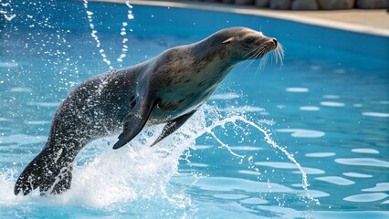 Fototapeta premium A graceful seal, mid-air, soars above the shimmering turquoise water, a breathtaking spectacle of aquatic acrobatics, showcasing natures elegance.