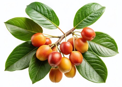 Asian Bulletwood (Mimusops elengi) Tree Branch Isolated on White Background - Stock Photo