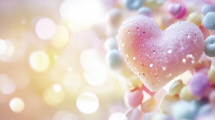 Fototapeta premium Sparkling pink heart amidst pastel candies and bokeh lights