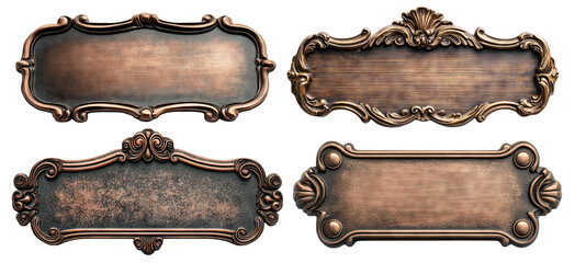 Set of vintage bronze nameplates with decorative frames, isolated on transparent cutout background