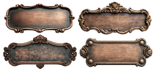 Set of vintage bronze nameplates with decorative frames, isolated on transparent cutout background