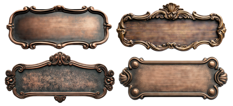 Set of vintage bronze nameplates with decorative frames, isolated on transparent cutout background