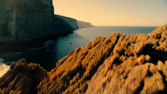 Ariel view Scenic View of Rocky Cliffs and Ocean at Sunset