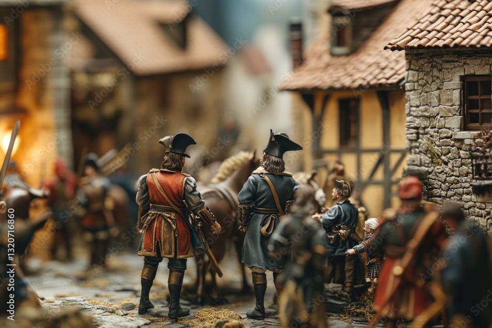 Poster A group of small toy soldiers stand next to each other on a table or shelf