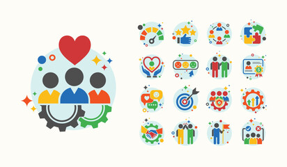 Employee engagement, commitment or motivation to success with company, staff dedication or job satisfaction, productivity. Factors affecting staff productivity, loyalty and creativity with icons set.