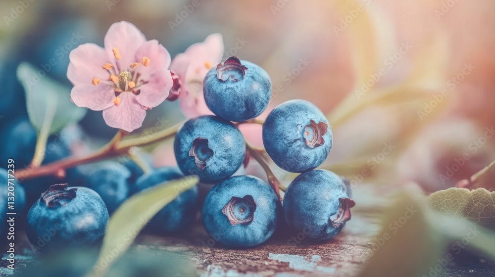 Poster close-up of fresh blueberries with a shallow depth of field and blurred background.