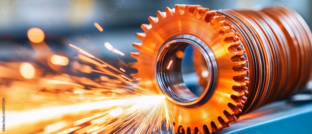 Poster rotating industrial gear with sharp teeth in high speed motion inside a precision manufacturing faci