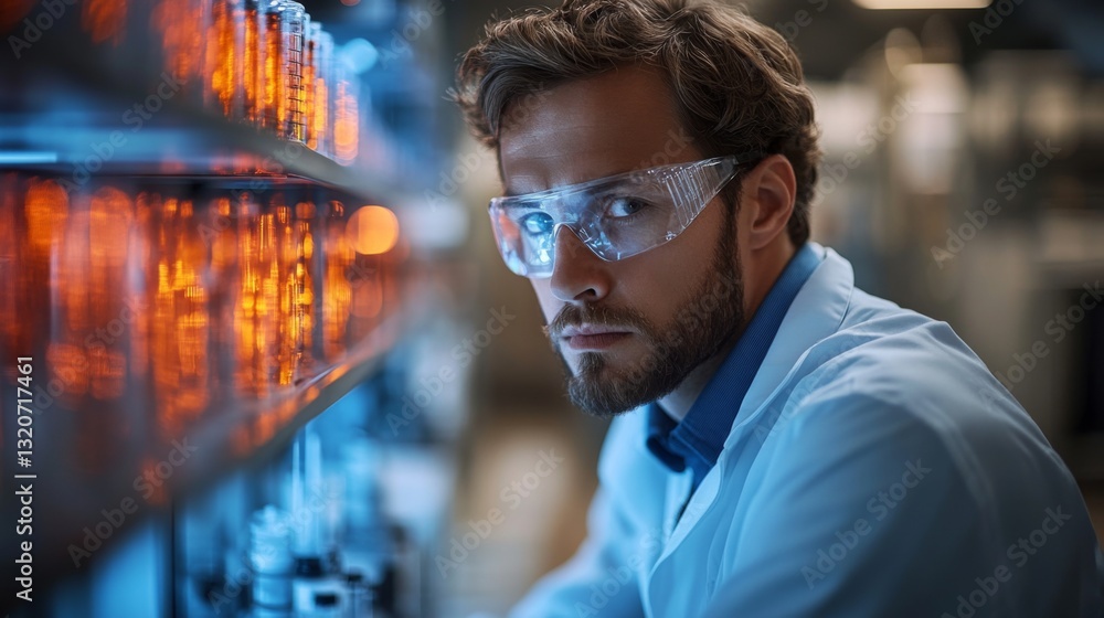 Poster a scientist is focused on conducting experiments in a contemporary laboratory. he analyzes various m