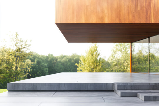 Modern architectural design featuring wooden overhang and sleek outdoor space near greenery
