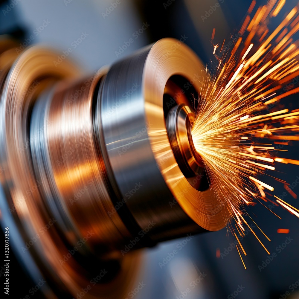 Poster high speed cnc metal lathe spinning cylindrical steel component with motion blur effect and sparks f