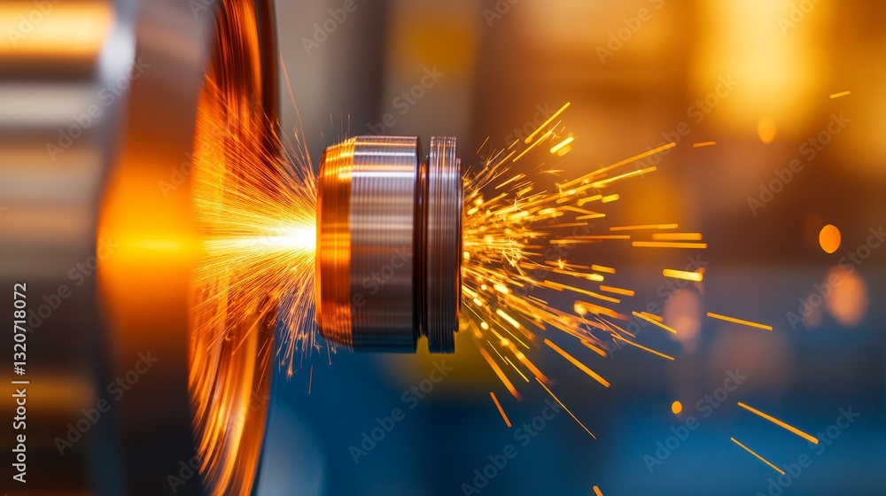 Poster high speed cnc metal turning process with golden shavings scattering in an automated precision engin
