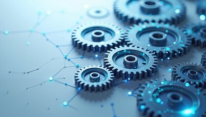 Interconnected metallic gears in motion with blue glow, technology concept illustration