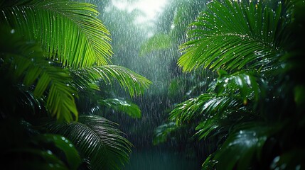 Obraz premium Raindrops adorn glistening green palm fronds, creating a vibrant, refreshing scene in the lush rainforest's downpour.