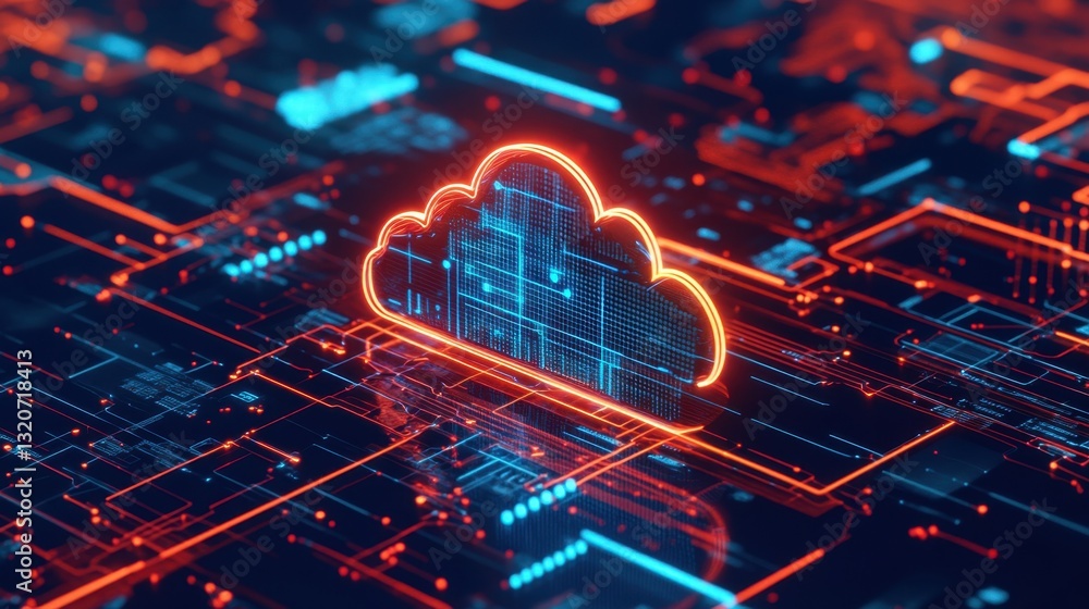 Poster a d-rendered futuristic cloud server connected to various smart devices and systems