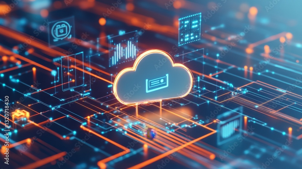 Aufkleber a d-rendered futuristic cloud server connected to various smart devices and systems