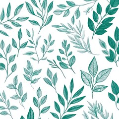 Teal green foliage pattern on white background.  Various leaves and branches in a repeating design