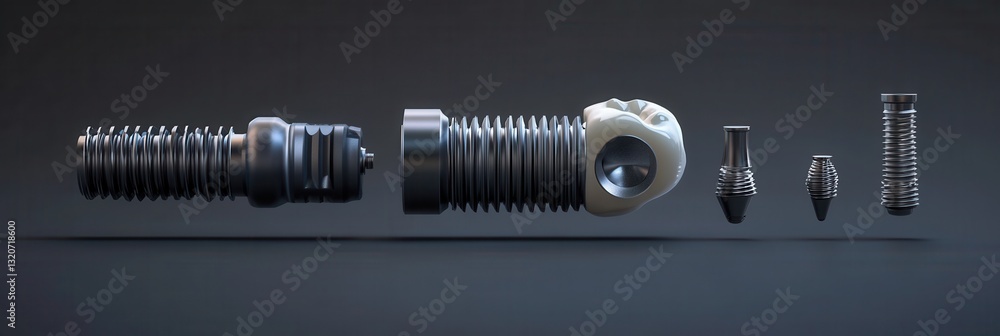 Poster Detailed 3D render of a dental implant in exploded view showcasing components against a dark-to-light gradient background