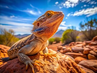 Fototapeta premium Australian Bearded Dragon in Arid Landscape: Desert Reptile Stock Photo