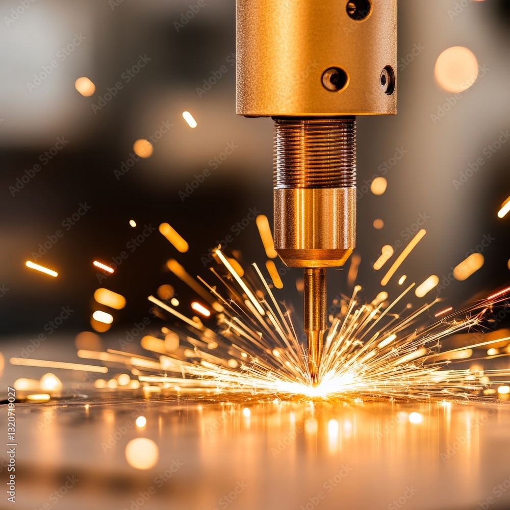 Aufkleber industrial laser cutting with automated machinery producing precise steel components with sparks fly