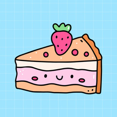 Kawaii strawberry cake isolated on a blue background. Vector hand-drawn illustration in doodle style. Cute character. Perfect for cards, decorations, stickers, logo, menu, various designs.