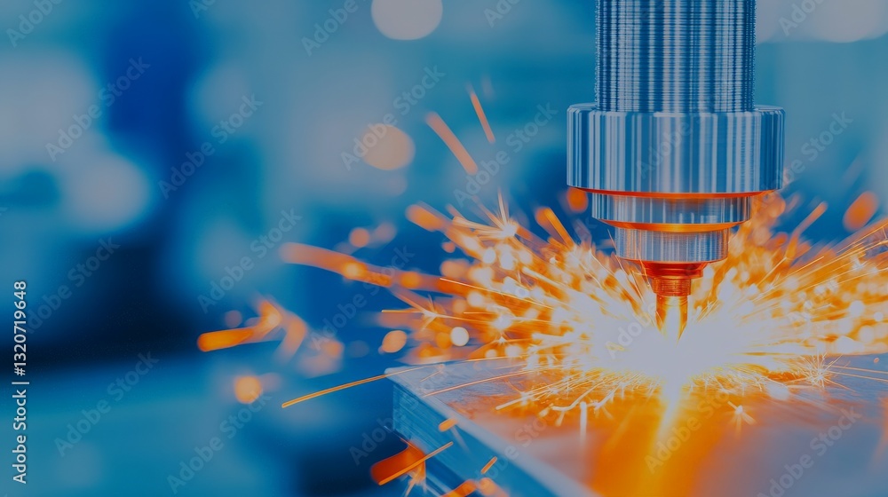 Poster automated drilling process in high tech manufacturing factory with sparks flying as precision machin